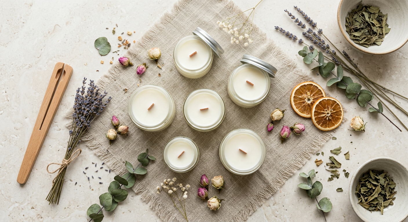 Handmade candles with wooden wicks arranged with dried botanicals